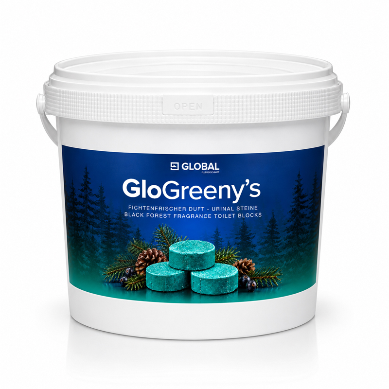 GLOBAL GloGreenys im weißen Eimer mit blau-grünem Produktetikett vor weißem Hintergrund.