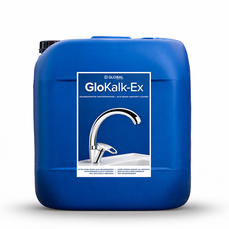 GLOBAL GloKalk-Ex im blauen Kanister mit schwarzem Schraubverschluss vor weißem Hintergrund.