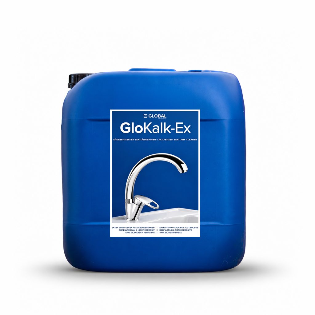 GLOBAL GloKalk-Ex im blauen Kanister mit schwarzem Schraubverschluss vor weißem Hintergrund.