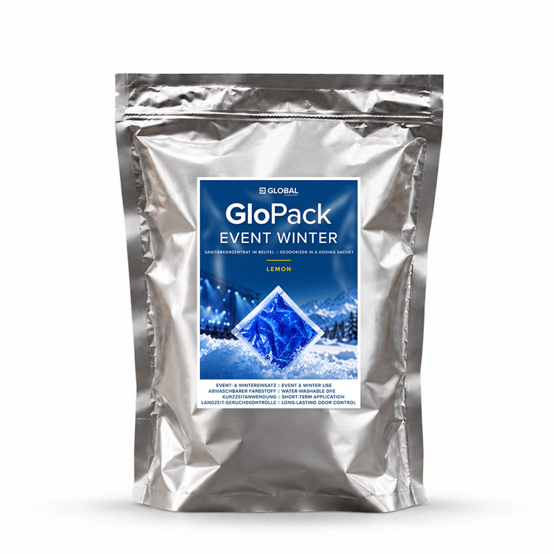 GLOBAL GloPack Event Winter Lemon im silbernen Standbeutel vor weißem Hintergrund.